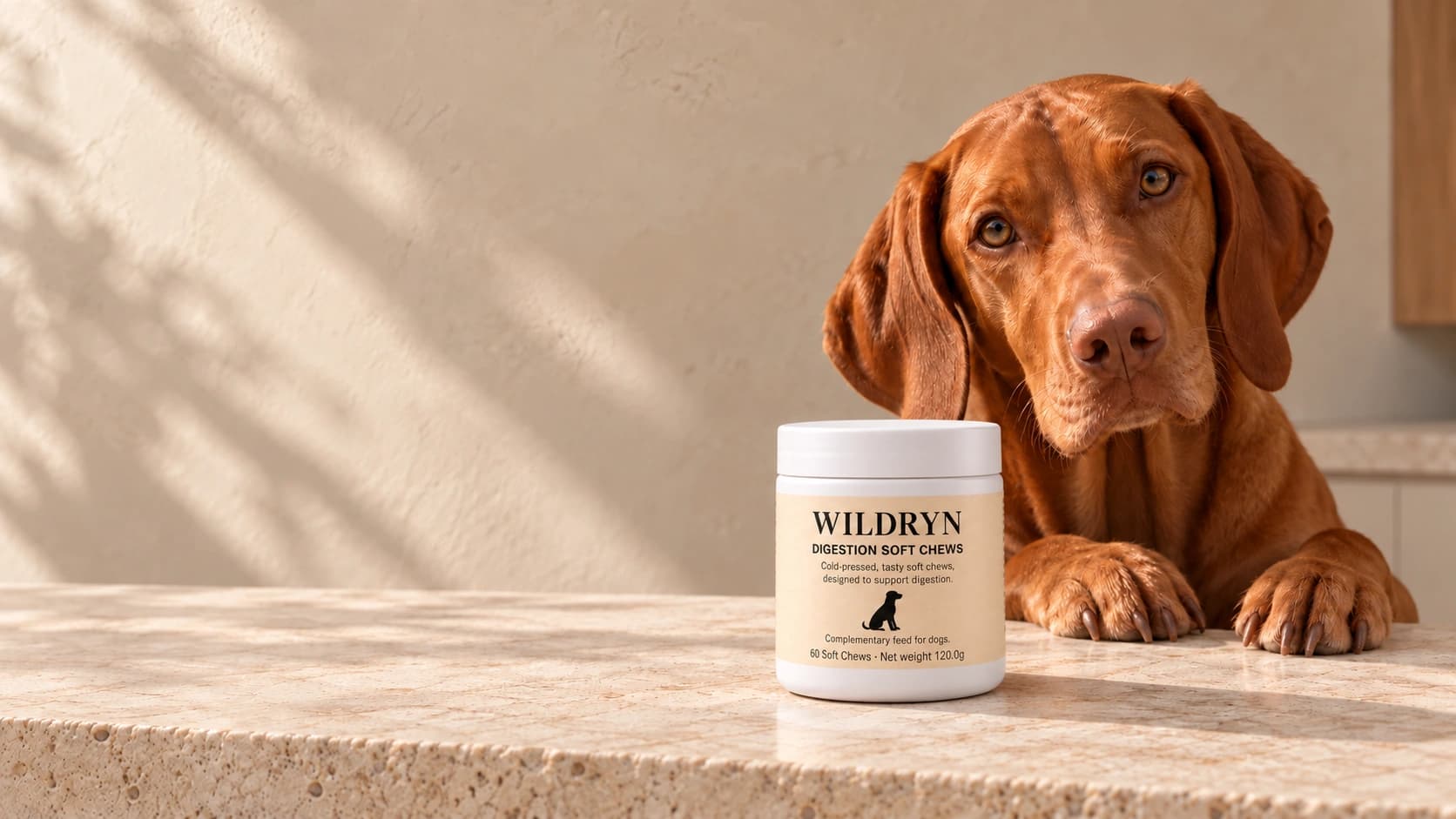 A copper-coloured dog beside a jar of WILDRYN Digestion Soft Chews in warm natural light.