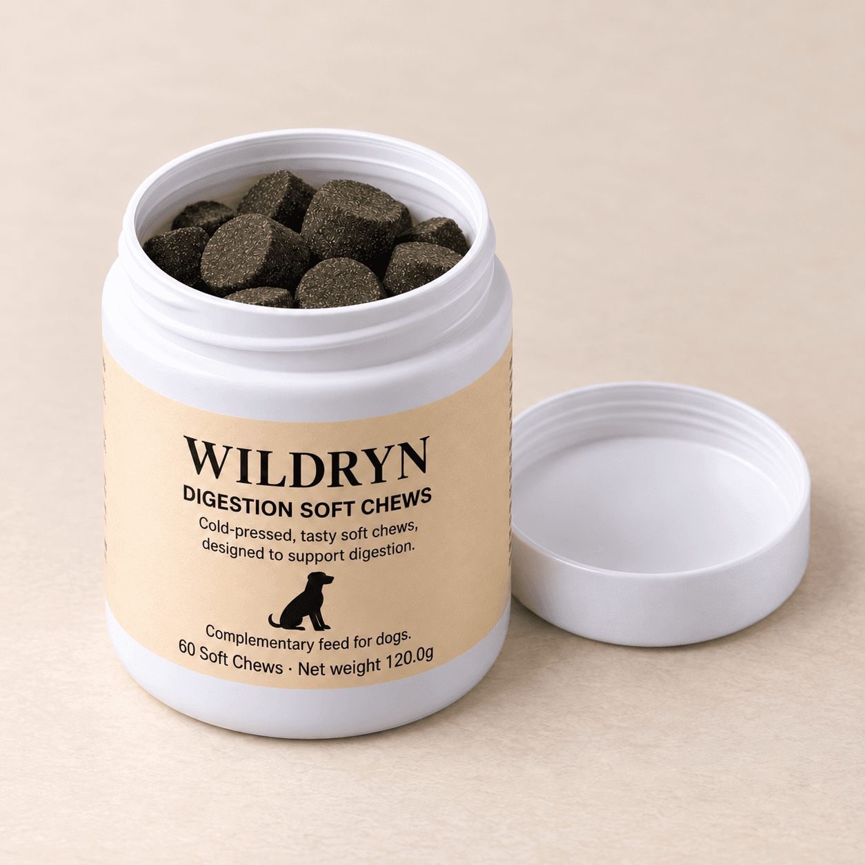 An open WILDRYN jar containing dark textured soft chews, with the white lid alongside