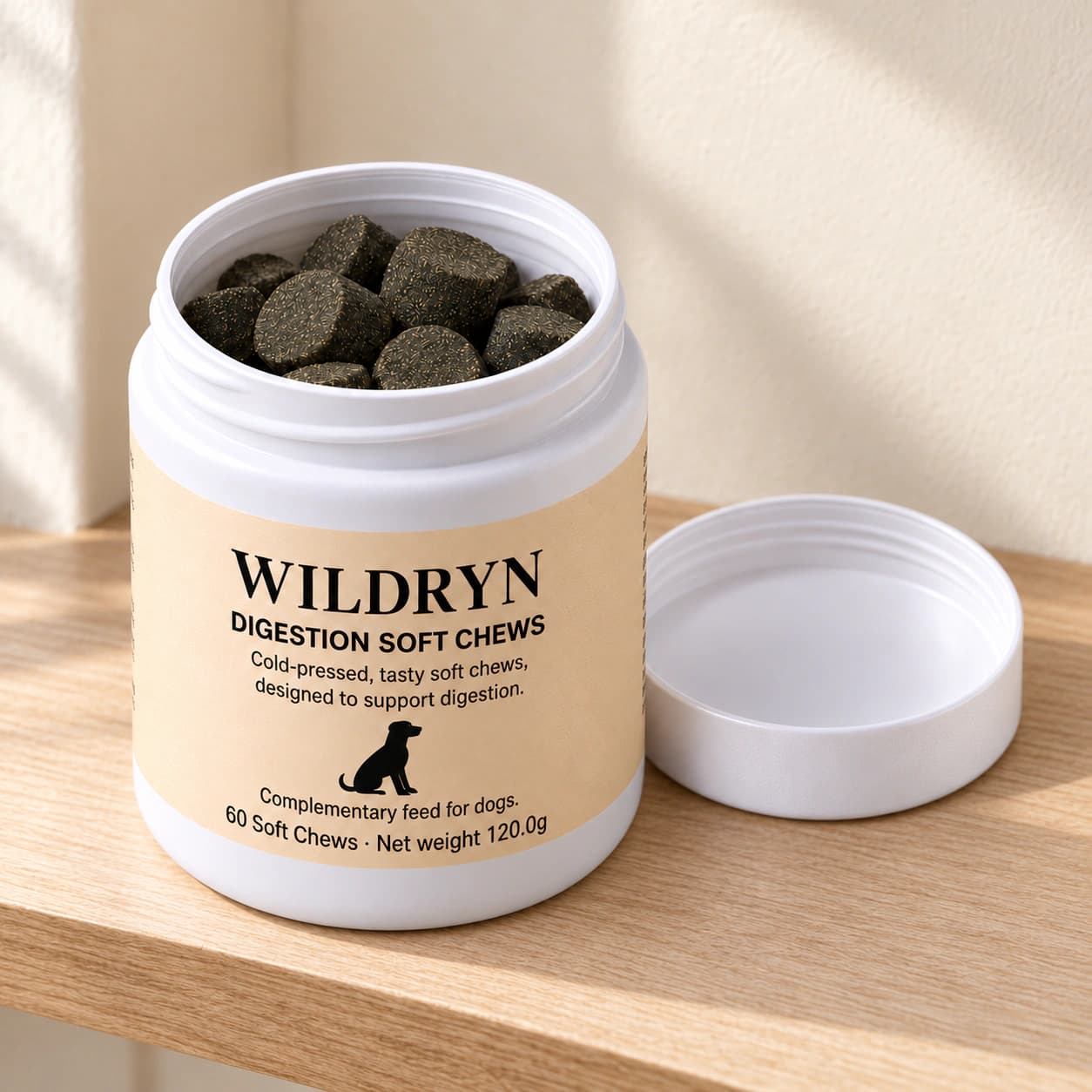 WILDRYN Daily soft-chew jar open on a wooden shelf, with its white lid alongside.