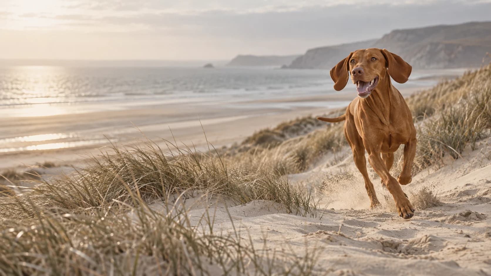 A copper Vizsla running through pale coastal dunes.